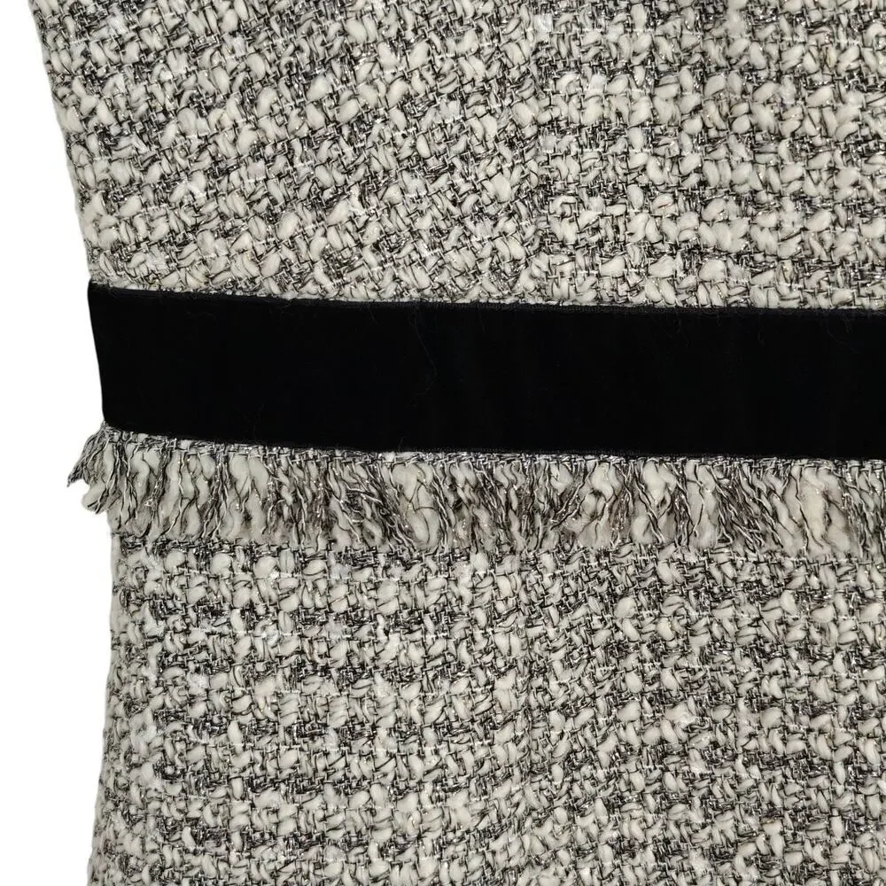 J. Crew Metallic Sparkle Tweed Sheath Dress Sz 10 Silver Velvet Fringe Trim NWT